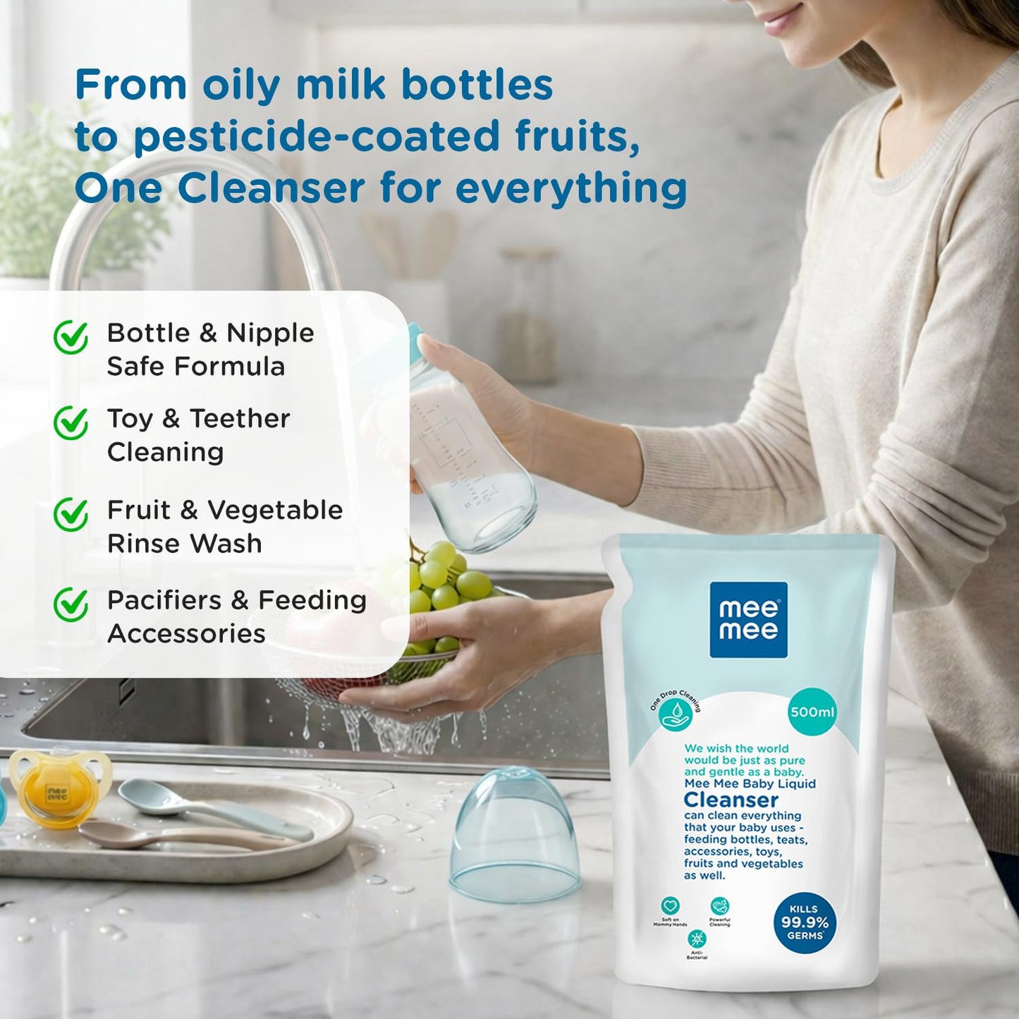 Mee Mee Liquid Cleanser 500 ml | Anti-Bacterial Formula Kills 99.9% Germs | For Bottles, Nipples, Accessories, Toys, Fruits & Vegetables | Alcohol-Free, One-Drop Cleaning, Dermatologically Tested