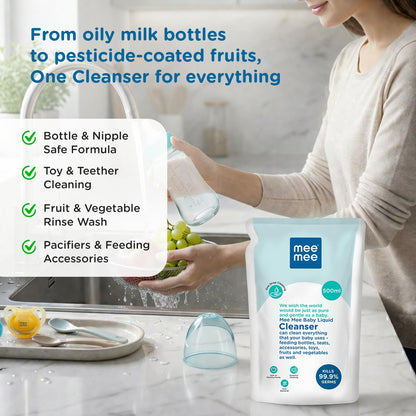 Mee Mee Liquid Cleanser 500 ml | Anti-Bacterial Formula Kills 99.9% Germs | For Bottles, Nipples, Accessories, Toys, Fruits & Vegetables | Alcohol-Free, One-Drop Cleaning, Dermatologically Tested