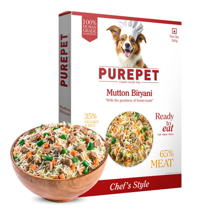 Purepet Fresh Dog Food 300g | Mutton Biryani for Adults & Puppies | High Protein, 65% Real Meat, 35% Veggies & Rice | No Preservatives | Ready to Serve | All Breeds | Single Meal Pack