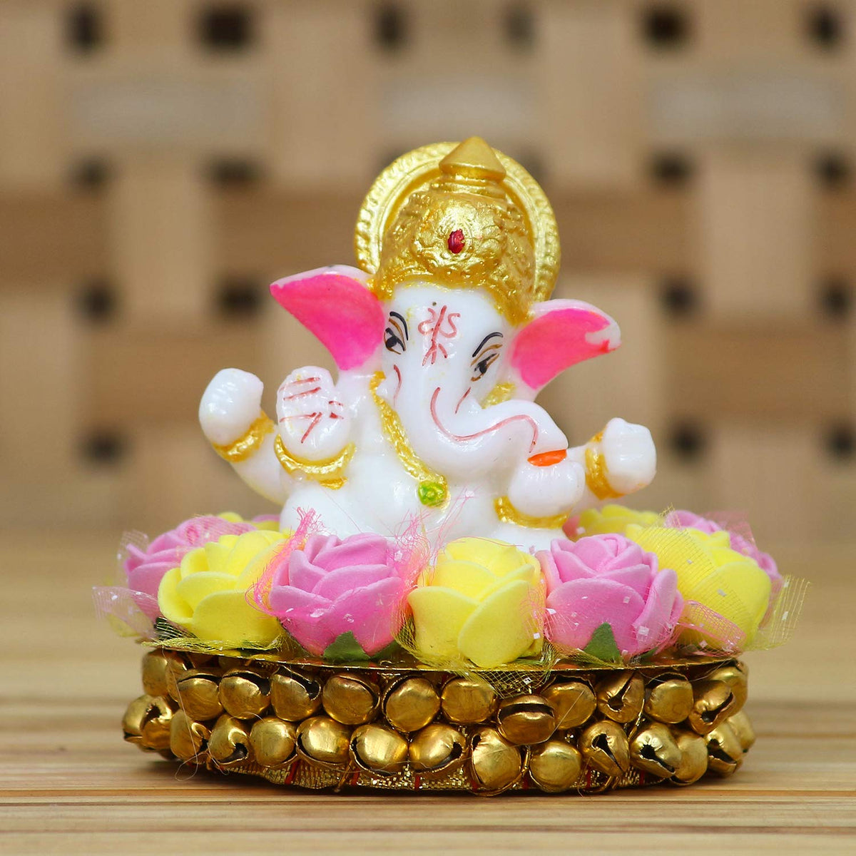 Lord Ganesha Idol on Decorative Handcrafted Plate with Pink and Yellow Flowers