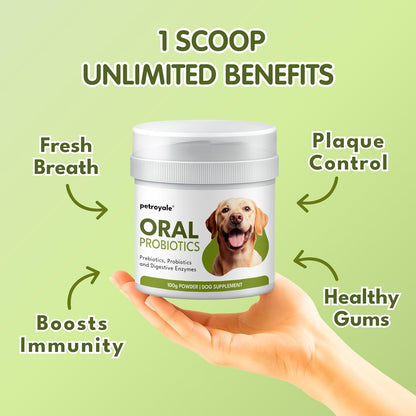 Petroyale Oral Probiotics for Dogs -9B+ CFU Dog Dental Powder for Plaque & Tartar Removal - Fresh Breath, Gum Health & Oral Care Support - Dental Powder for Dogs | 100g