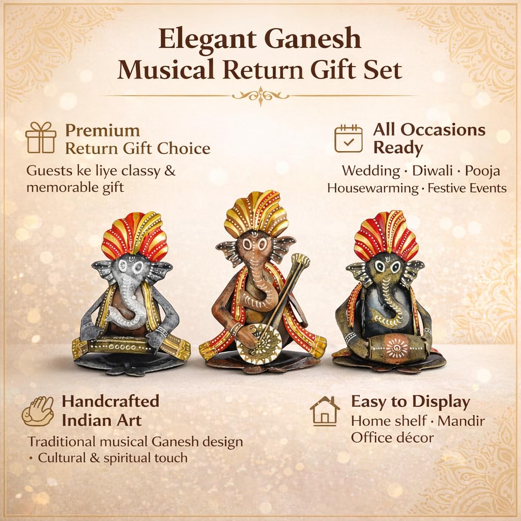 CraftVatika Metal Ganesha Playing Musical Instruments Set of 3, Handcrafted Ganesha Playing Dholak Harmonium Sitar Showpiece for Living Room Tabletop Home Décor Items, Ganesh Musical Showpiece