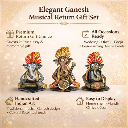 CraftVatika Metal Ganesha Playing Musical Instruments Set of 3, Handcrafted Ganesha Playing Dholak Harmonium Sitar Showpiece for Living Room Tabletop Home Décor Items, Ganesh Musical Showpiece