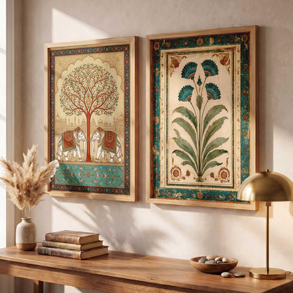 Indian Traditional Madhubani Art Wall Painting Home Decoration With Frame For Living Room Bed Room Hotel Wall Decor Digital Reprint Engineered Wood Set of 2 (13X17 inch)