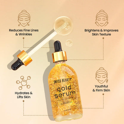 Gold serum bottle with dropper on a beige background, featuring text on skin benefits.