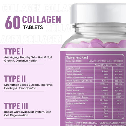 Herbalmax Veg Collagen Supplement Tablets – 60N | 800mg Type 1, 2 & 3 Collagen | For Glow Skin, Hair, Nails, Joints & Bone Support | Enriched with Biotin & L-Glutathione