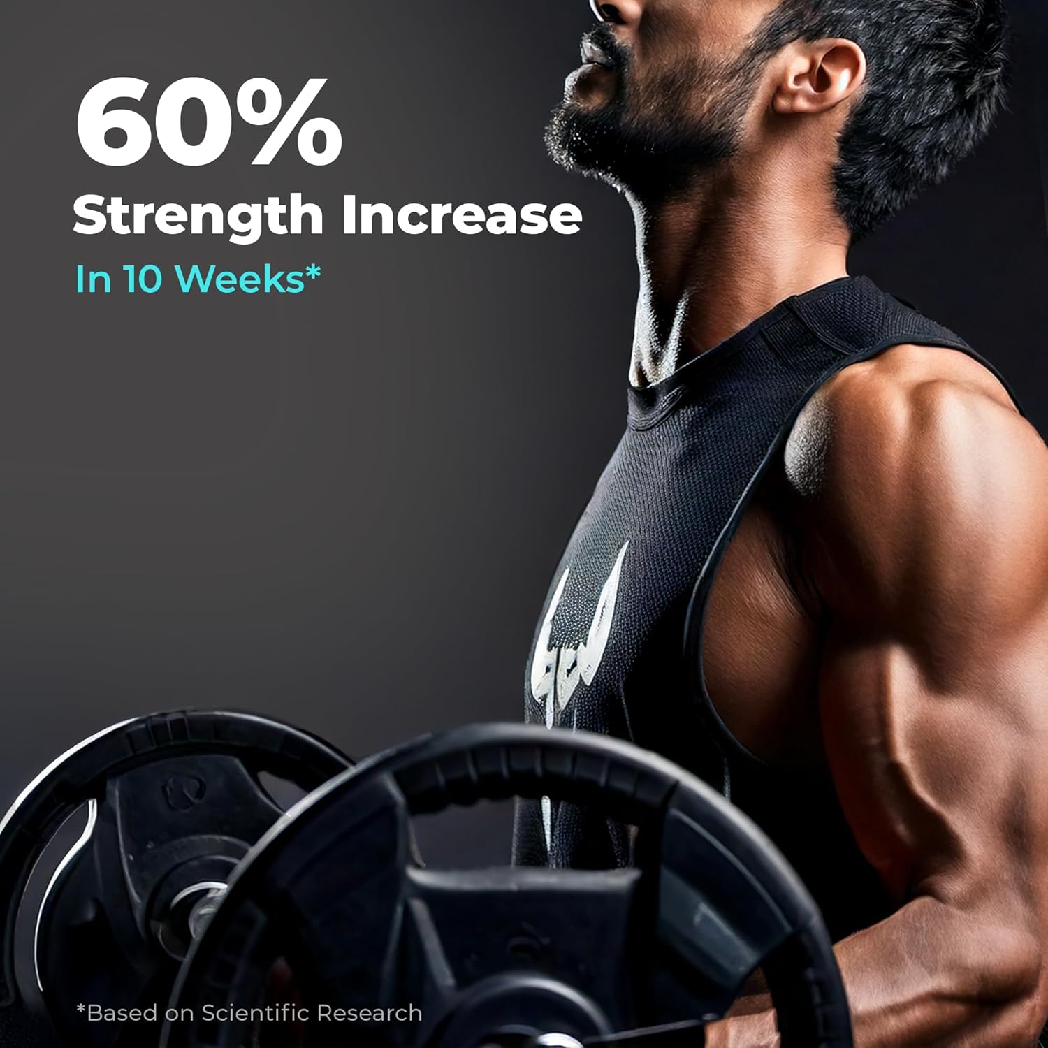 Muscular man with weightlifting wheels and text about strength increase
