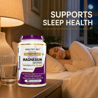 HealthyHey Nutrition Magnesium Glycinate 14% Fully Chelated Supplement High Absorption for Sleep, Cramps, & Nerves Health - 90 Vegetable Capsules