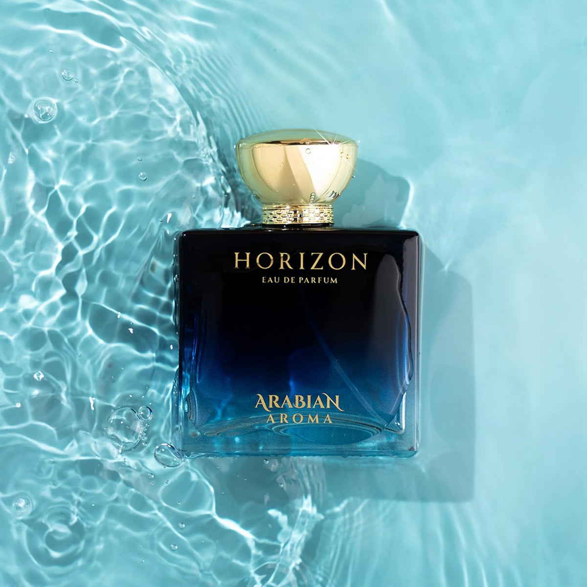 Horizon Eau de Parfum bottle by Arabian Aroma on a water surface