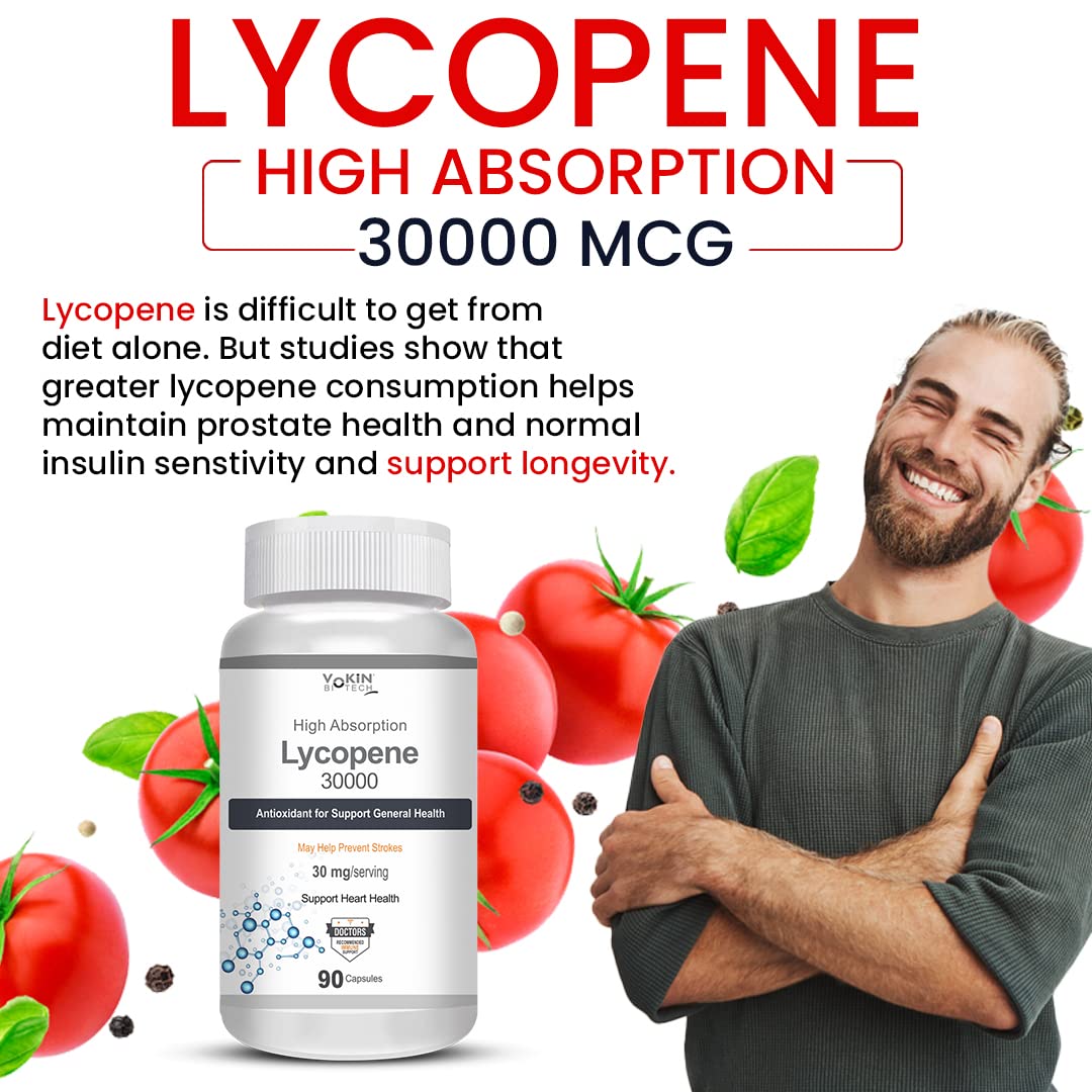 Lycopene supplement bottle with a man and tomatoes on a white background