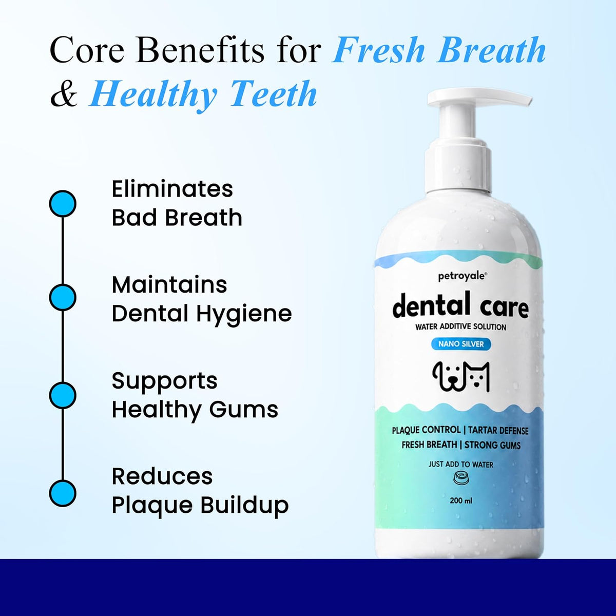 Petroyale Dental Care Water Additive for Dogs & Cats with Nano Silver | Dog Teeth Cleaner for Fresh Breath, Plaque & Tartar Control | Pet Dental Care, Dog Mouth Freshener, Pets Dental Care, 200 ml