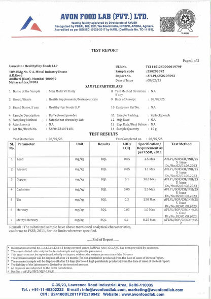 Avon Food Lab test report with product details and analysis