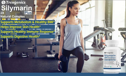 Woman in a gym setting with Trexegenics Silymarin Plus supplement bottle.