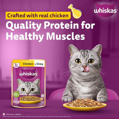 Whiskas Wet Cat Food for Adult Cats (1+Years), Chicken in Gravy Flavour, 80g