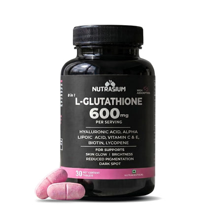 Nutrasium L-Glutathione 600 mg with Hyaluronic Acid & Biotin | For Skin Glow, Brightening, Hydration, & Skin Radiance, Reduce Dark Spot & Pigmentation | 30 Tablets