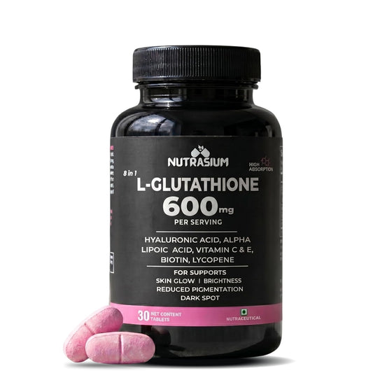 Nutrasium | Glutathione tablets for skin Glow | L-Glutathione 600 mg with Hyaluronic Acid & Biotin | For Skin Glow, Brightening, Hydration, Even skin tone & Skin Radiance | Added Vitamin C & E with Lycopene | 30 Tablets