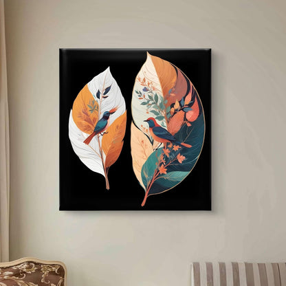 Tropical Birds Wall Art, Decorative Feather Canvas Print, Black Background, Orange and Teal Botanical Design 16 Inch x 16 Inch CVS-38105