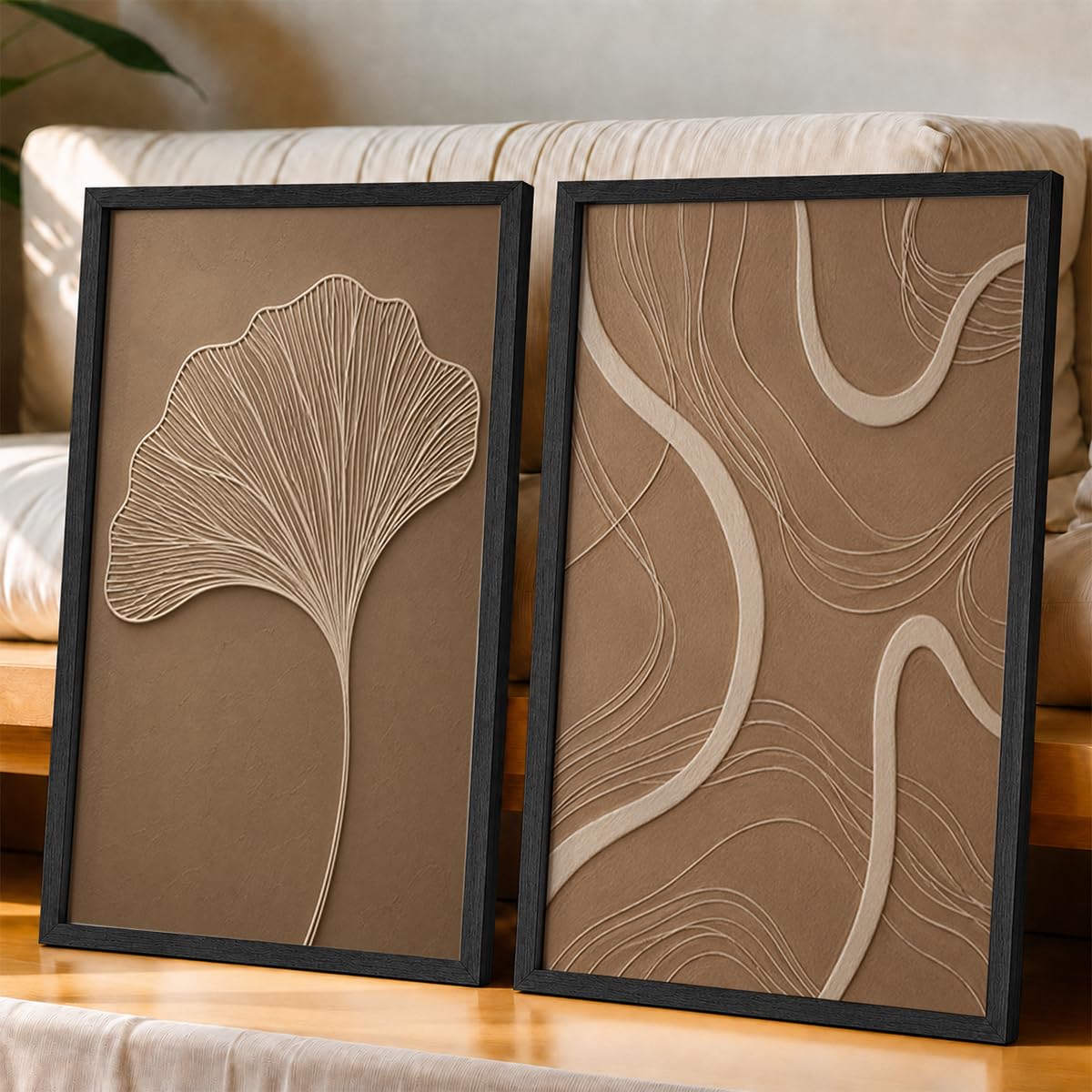 Ginkgo Leaf Wall Painting Set of 2 with Frame | Minimal Brown Beige Botanical & Abstract Line Texture Artwork, Modern Neutral Wall Decor for Living Room, Bedroom, Office and Home Decoration (Art-11, 10x13inch)