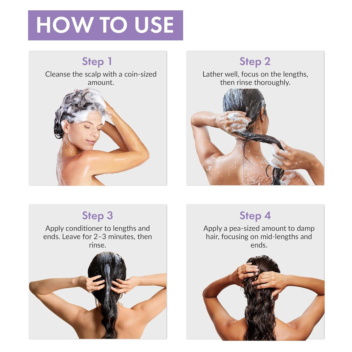 Step-by-step guide on how to use shampoo and conditioner with images of a woman washing her hair.
