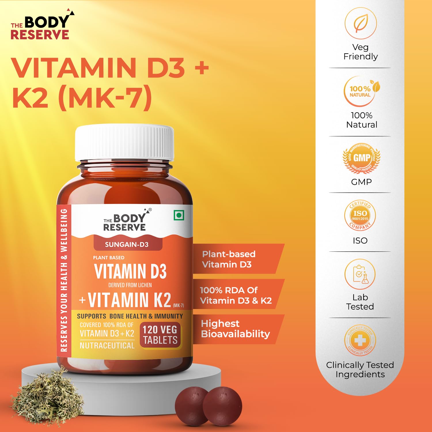 Vitamin D3 + K2 supplement bottle with 'The Body Reserve' branding on an orange background