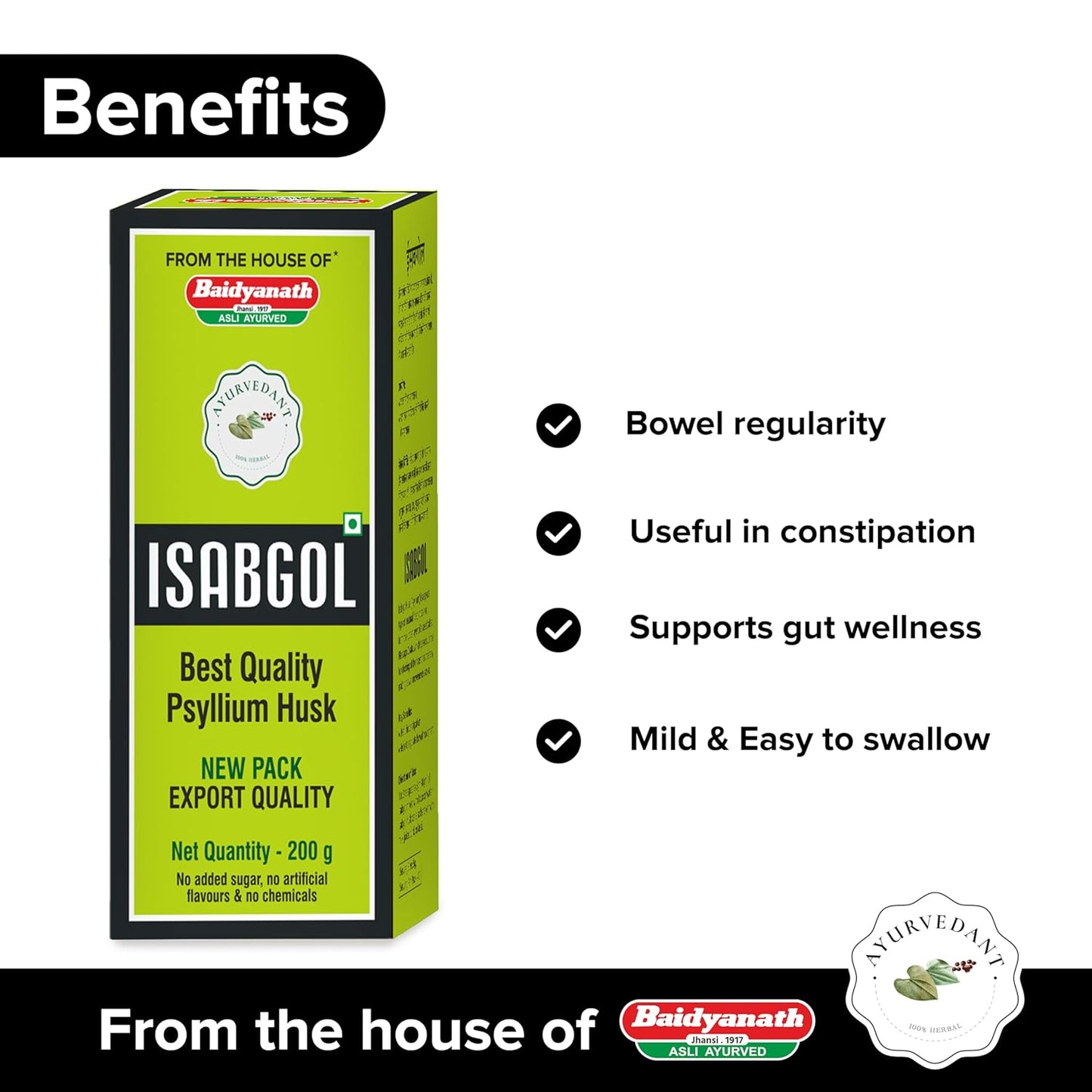 Isabgol packaging with benefits listed on a white background