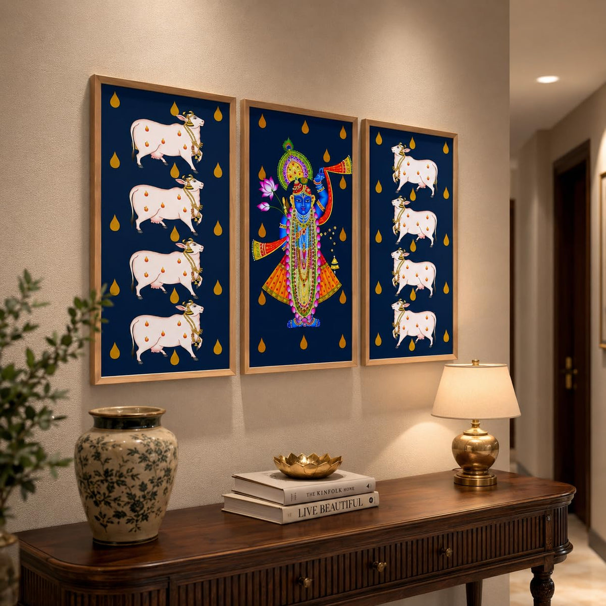 Set of 3 Shrinathji Cow Pichwai Wall Paintings with Sparkle Laminate, Premium Wooden Synthetic Frame, Krishna Religious Art for Living Room Bedroom Temple Decor