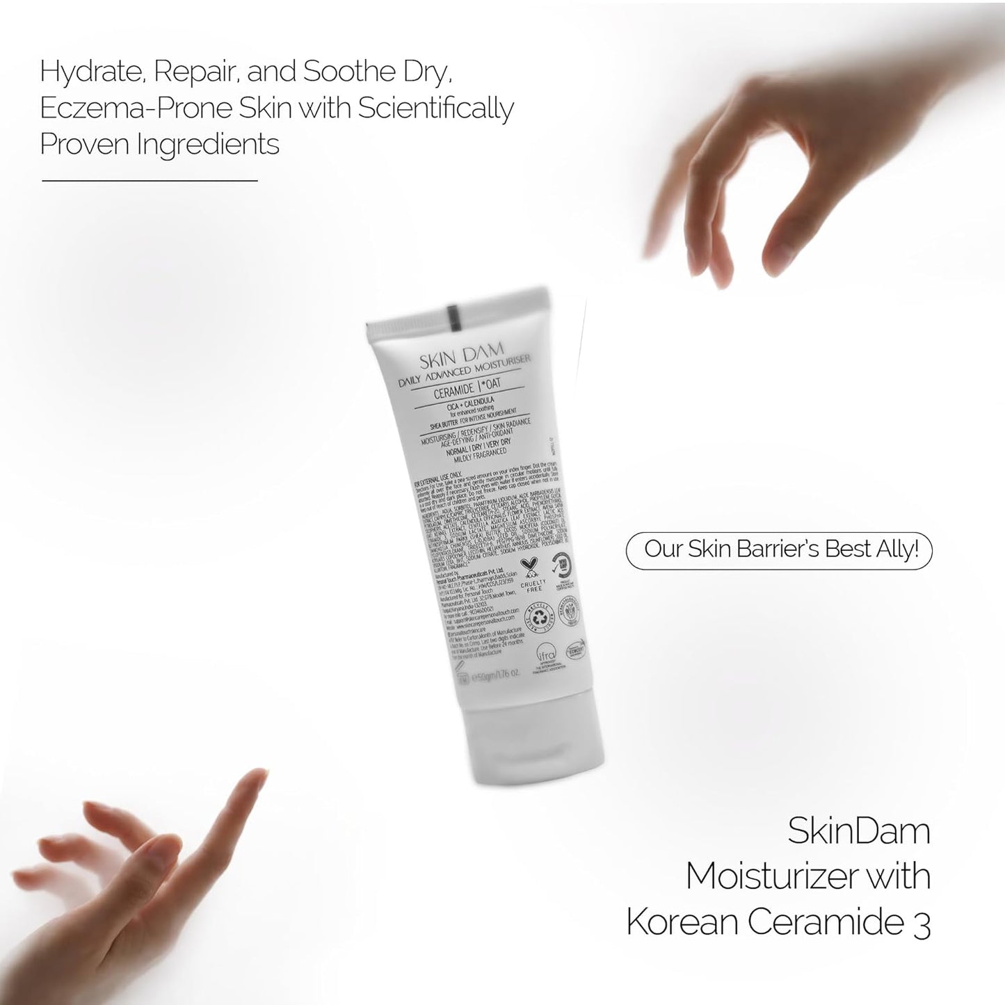 Personal Touch Skin Dam Korean Moisturizer Cream for Dry Skin | Ceramide 3 Barrier Repair Cream with Oat, Centella & Shea Butter | 72H Hydration | 50g