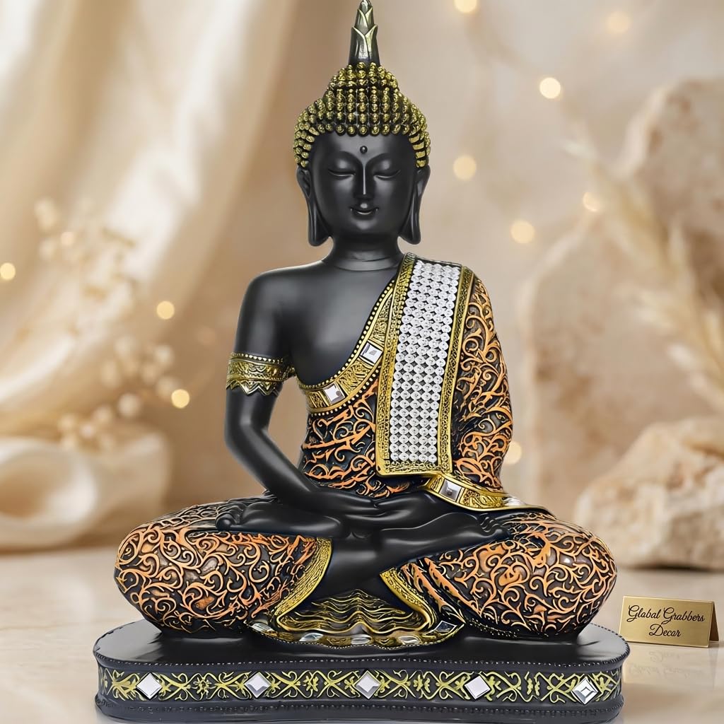 Global Grabbers new Limited Edition 25 Centimetre Meditating Sitting Buddha Idol Statue showpiece Home Decor Decoration Items for Living Room and Gifts (1, Orange Black)