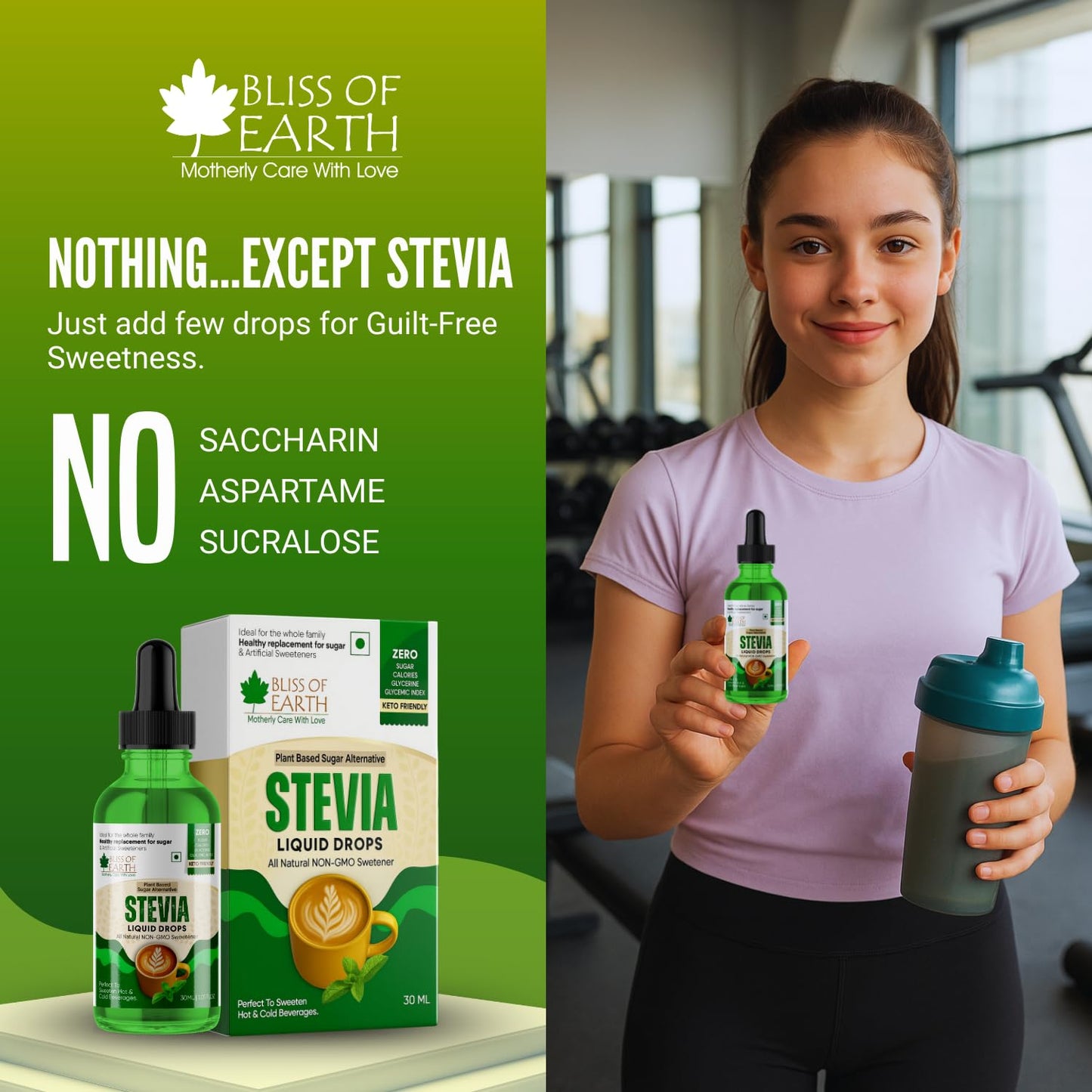 Bliss of Earth Stevia Liquid Sweetener – Pure, Natural & Sugar Free Drops | Zero Calorie | 30ML | Perfect for Tea, Coffee, Shakes, Smoothies & Desserts | Keto & Diabetic Friendly
