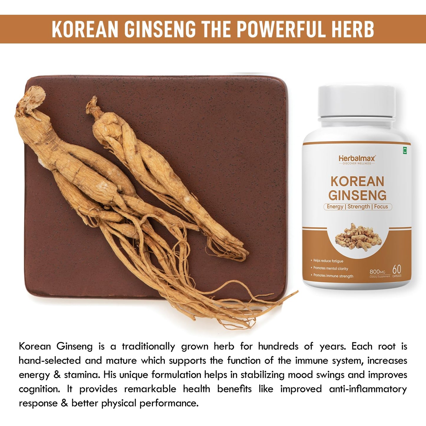 Korean Ginseng root and a bottle of Herbalmax Korean Ginseng supplement on a brown background.