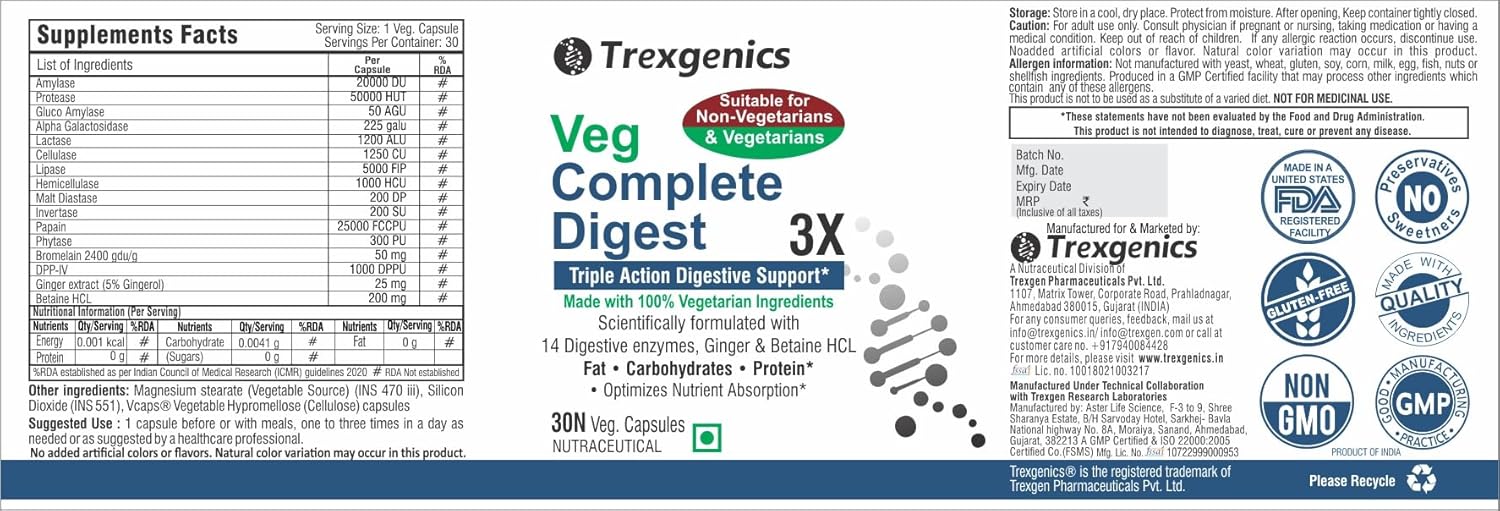 Nutritional label for Trexegenics Veg Complete Digest 3X supplement