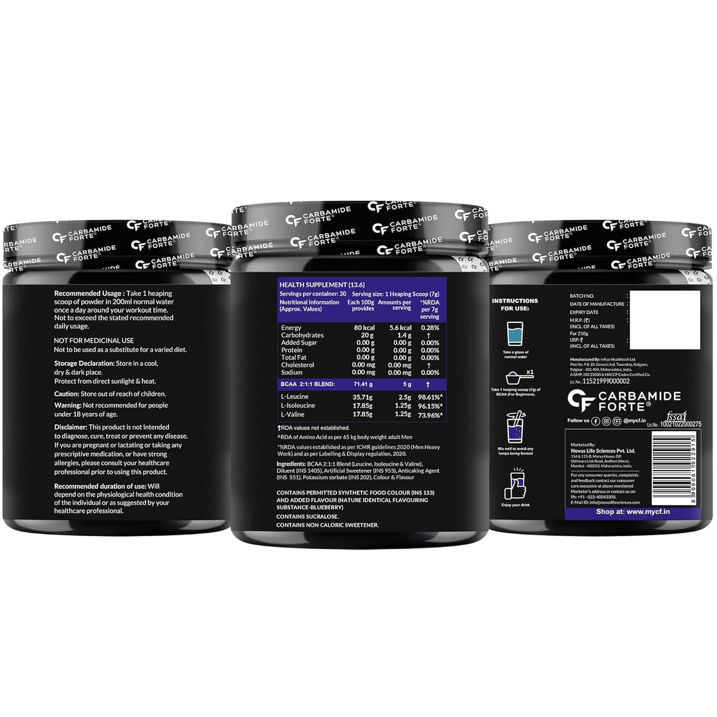Carbamide Forte BCAA Powder 5000mg | BCAA Supplements For Women & Men | BCAA Pre Workout & Intra Workout Supplement 7g Serving with Ideal 2:1:1 Ratio | Beg-Blueberry Flavor - 210g