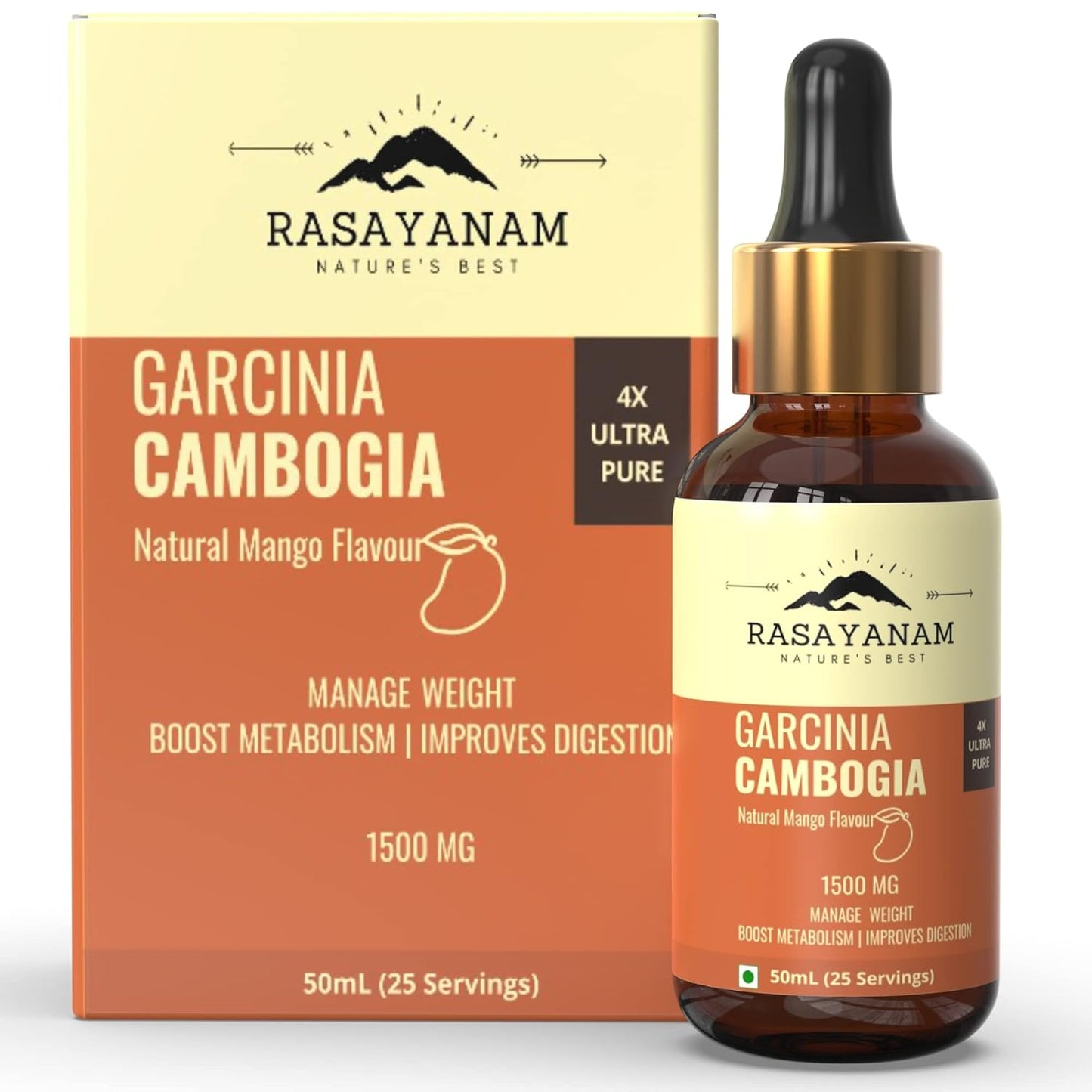 Rasayanam Garcinia Cambogia supplement bottle and packaging on a white background