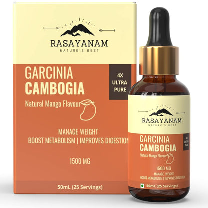 Rasayanam Garcinia Cambogia supplement bottle and packaging on a white background