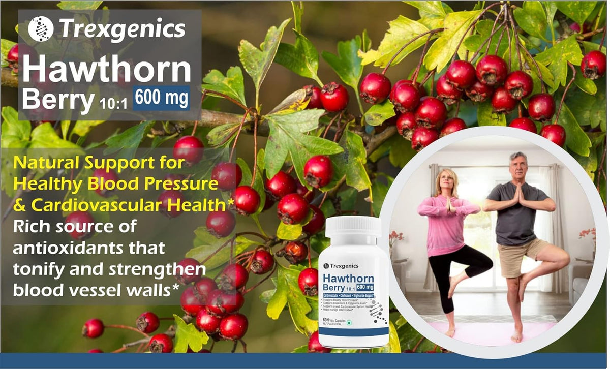 Trexegenics Hawthorn Berry supplement with hawthorn berries and people exercising in the background