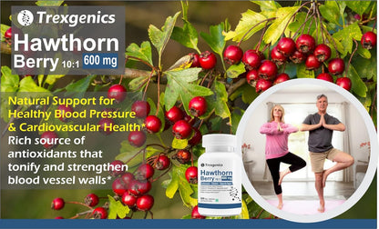 Trexegenics Hawthorn Berry supplement with hawthorn berries and people exercising in the background