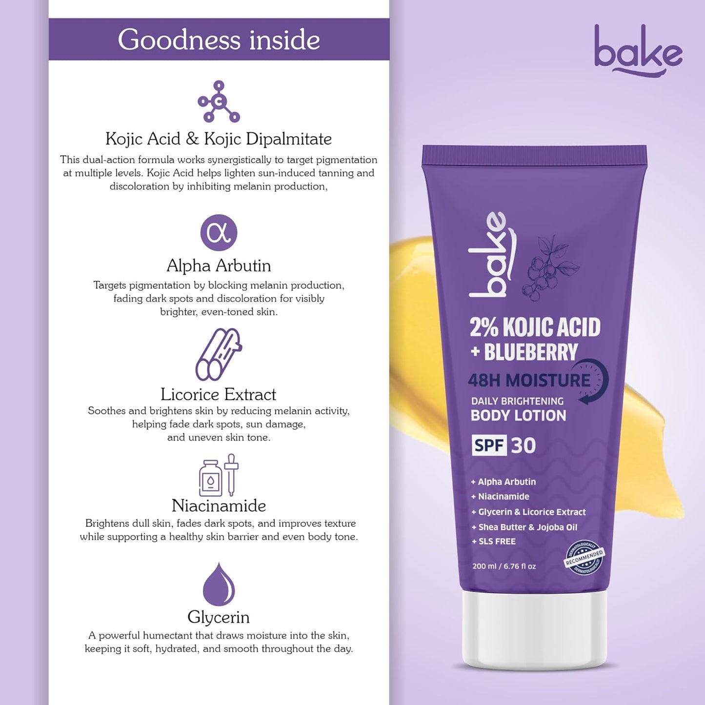 BAKE 2% Kojic Acid Brightening Body Lotion (200 ml) with Niacinamide & SPF 30 PA+++ for Pigmentation & Tan Removal | For Dark Spots & Sun Protection | De-Tan Body Lotion | Tanned & Pigmented Skin | For Women & Men