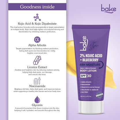 BAKE 2% Kojic Acid Brightening Body Lotion (200 ml) with Niacinamide & SPF 30 PA+++ for Pigmentation & Tan Removal | For Dark Spots & Sun Protection | De-Tan Body Lotion | Tanned & Pigmented Skin | For Women & Men
