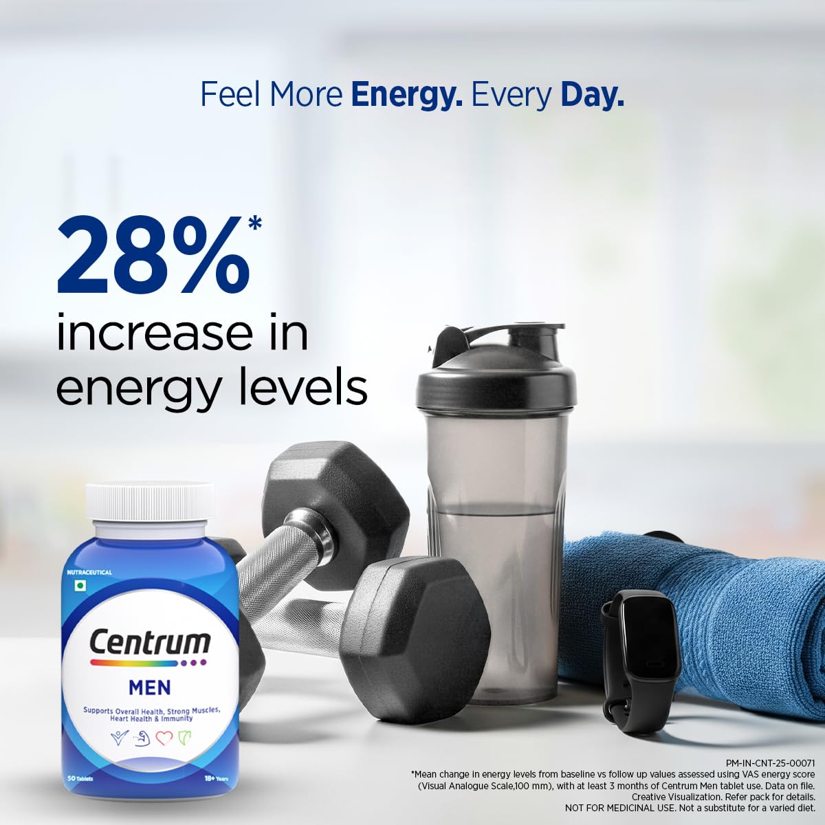 Centrum Men supplement bottle with fitness equipment on a light background