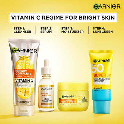 Garnier Vitamin C skincare products on a yellow background with Garnier logo.