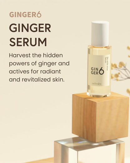 Ginger serum bottle on a wooden block with text about the product's benefits.