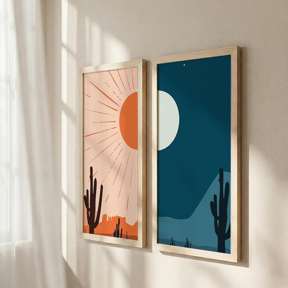 Minimalist Desert Wall Art Set of 2, Sun & Moon Cactus Landscape Prints with Wooden Frames, Boho Neutral Scandinavian Decor for Living Room, Bedroom & Office (10x19 Inch, Art-11)
