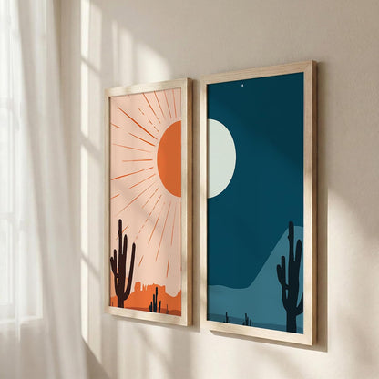 Minimalist Desert Wall Art Set of 2, Sun & Moon Cactus Landscape Prints with Wooden Frames, Boho Neutral Scandinavian Decor for Living Room, Bedroom & Office (10x19 Inch, Art-11)
