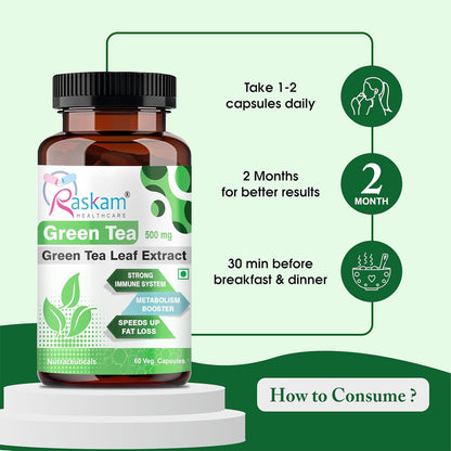 Bottle of Raskam Green Tea Leaf Extract with usage instructions on a green background