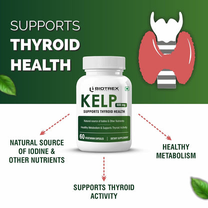 Biotrex Nutraceuticals Kelp Extract 600mg | Richest Vegan Source of Iodine | Supports Thyroid Health & Healthy Metabolism with Soluble Fiber - 60 Veg Capsules
