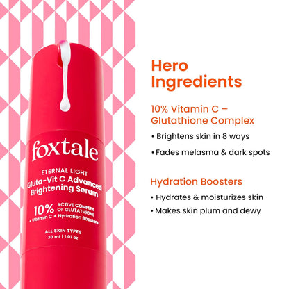 Foxtale 10% Vitamin C + Glutathione Complex Serum, Brightens skin in 3 days, Fades melasma & dark spots, Evens Skin tone, Gentle & Non-irritating, For All Skin types, Men & Women