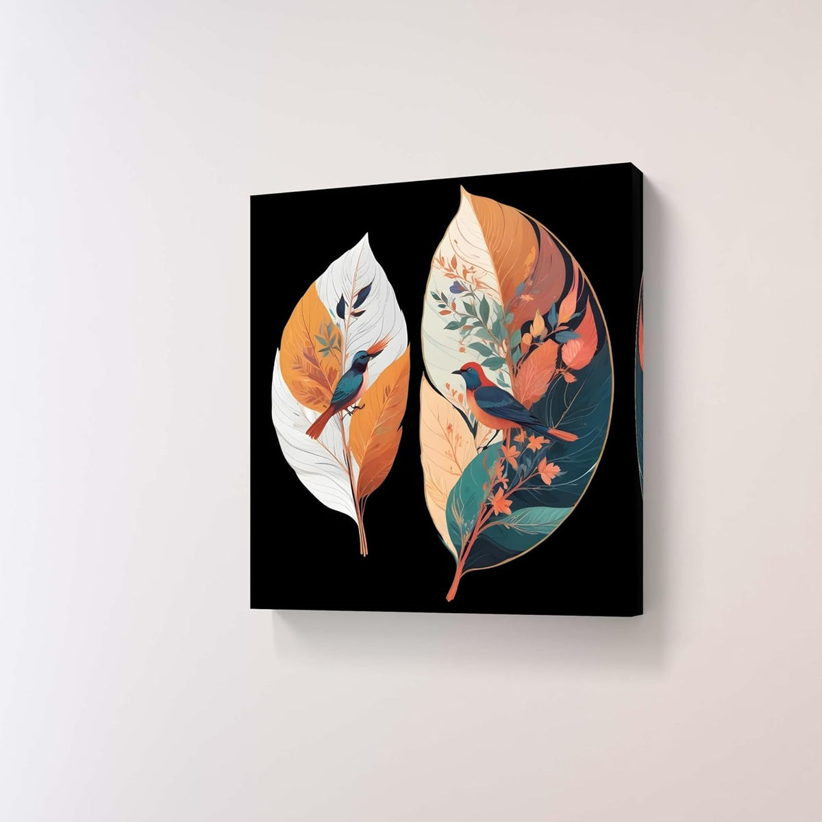 Tropical Birds Wall Art, Decorative Feather Canvas Print, Black Background, Orange and Teal Botanical Design 16 Inch x 16 Inch CVS-38105