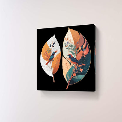 Tropical Birds Wall Art, Decorative Feather Canvas Print, Black Background, Orange and Teal Botanical Design 16 Inch x 16 Inch CVS-38105