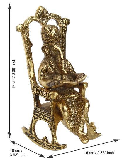 Golden Metal Lord Ganesha Idol Reading Book On Rocking Chair - Decorative Hindu God Statue for Home Decor - Gift for Diwali, Housewarming - Ideal for Living Room, Office, Study Areas