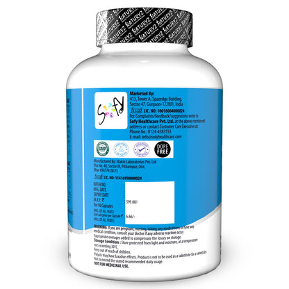 Supplement bottle with blue label on a white background